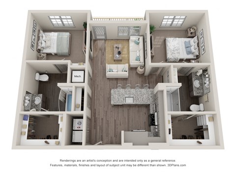Floor plan for 2 beds, 2 baths, 1084 sqft